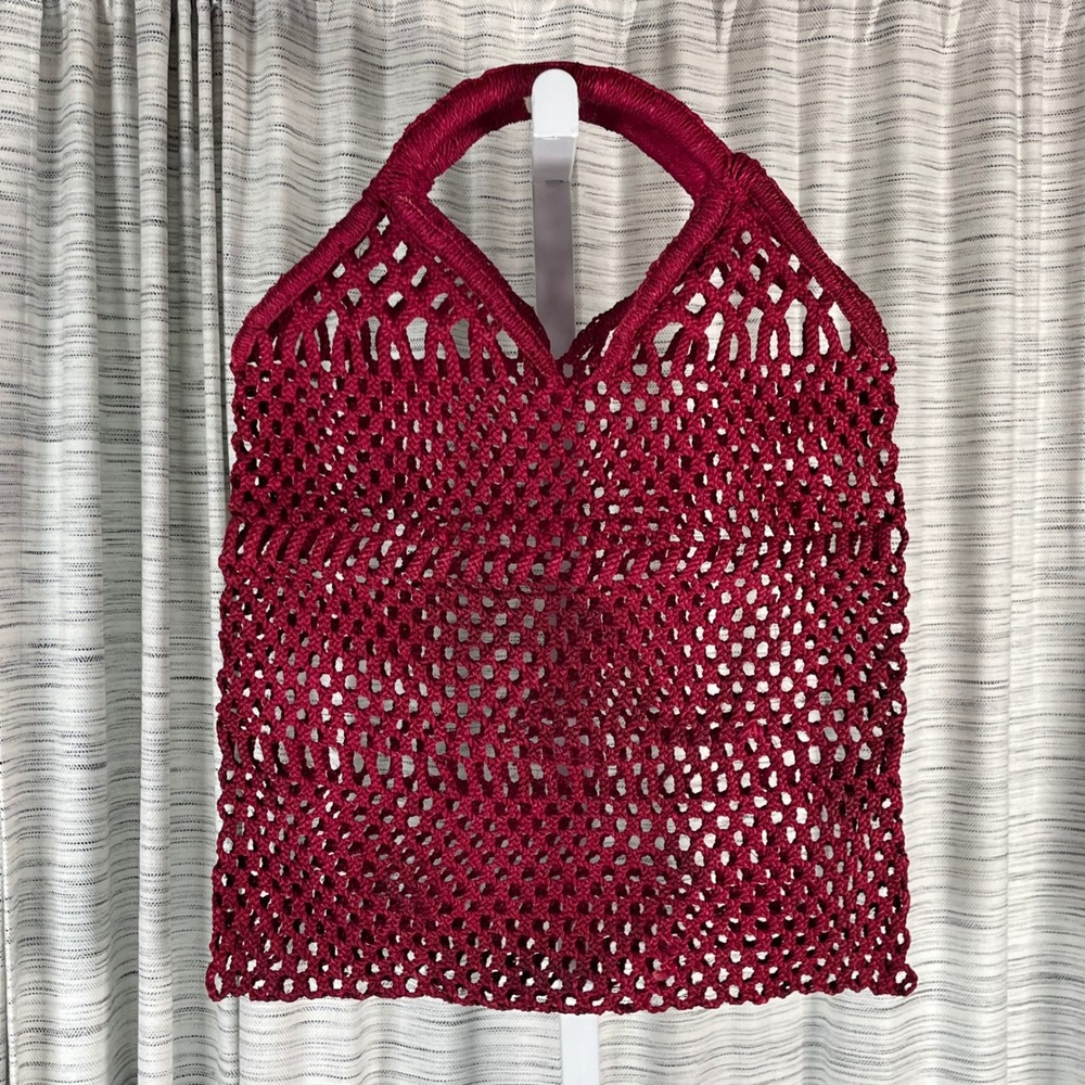 Burgundy Macrame Tote Bag Boho Red Knotted Net‎ Market Handbag 18in Tall